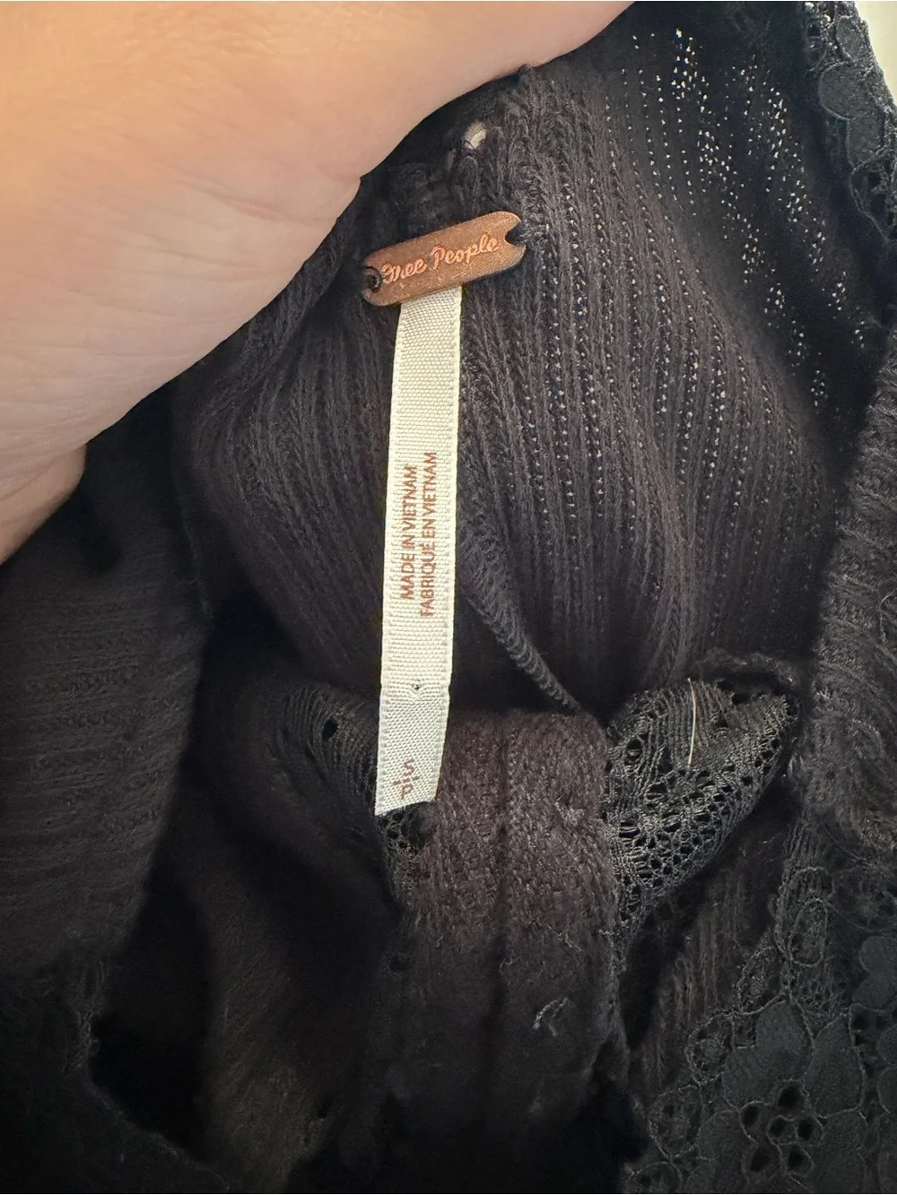 Free People Black Ribbed Lace-Trim Henley Top